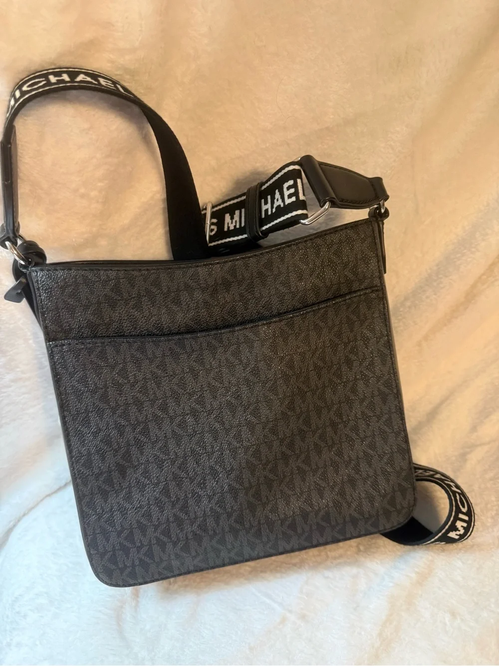 Michael Kors Black Logo Messenger Crossbody Bag with MK Charm and Guitar Strap